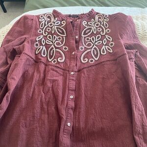 Zara Burgundy Blouse with White Embroidery